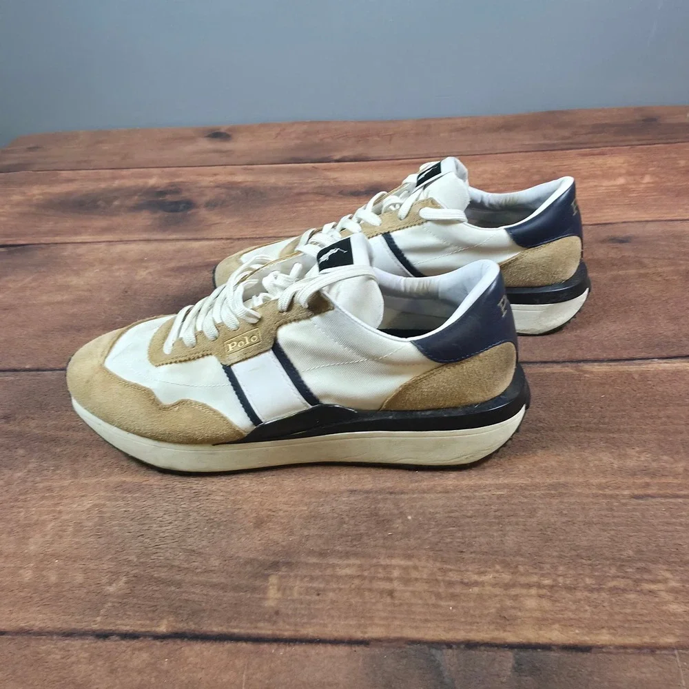 Polo Ralph Lauren Train 85 Sneaker Mens 11 Cream Tan Good Suede Nylon Runner